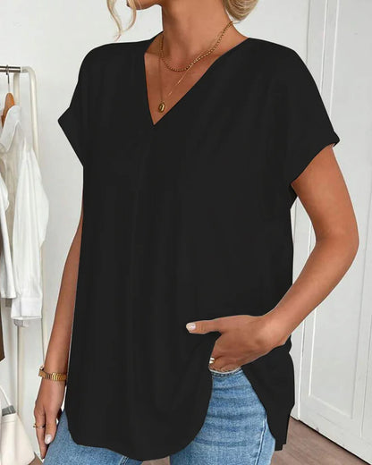 Women’s V-Neck Pleated Back Short-Sleeve Top