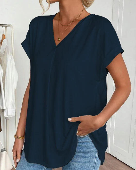 Women’s V-Neck Pleated Back Short-Sleeve Top