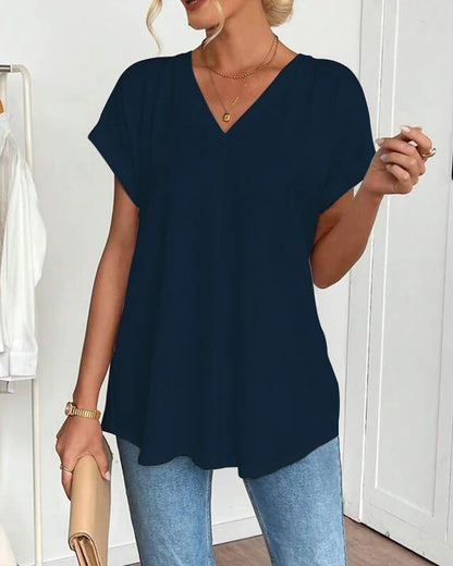 Women’s V-Neck Pleated Back Short-Sleeve Top