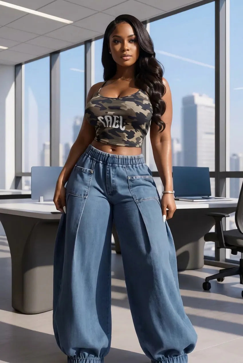 Women's Elastic Cuff Baggy Denim Jogger Pants