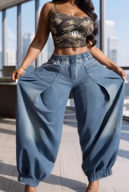 Women's Elastic Cuff Baggy Denim Jogger Pants