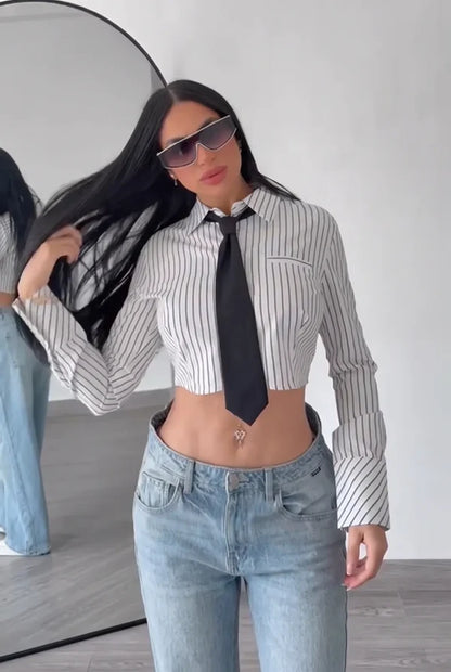 Women’s Striped Tie-Front Cropped Shirt