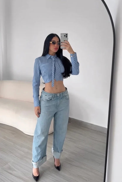 Women’s Striped Tie-Front Cropped Shirt