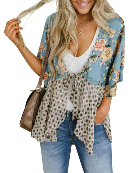 Women's Floral Patchwork Tie-Front Boho Cardigan