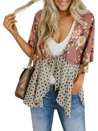 Women's Floral Patchwork Tie-Front Boho Cardigan