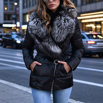 Women's Belted Jacket with Faux Fur Collar