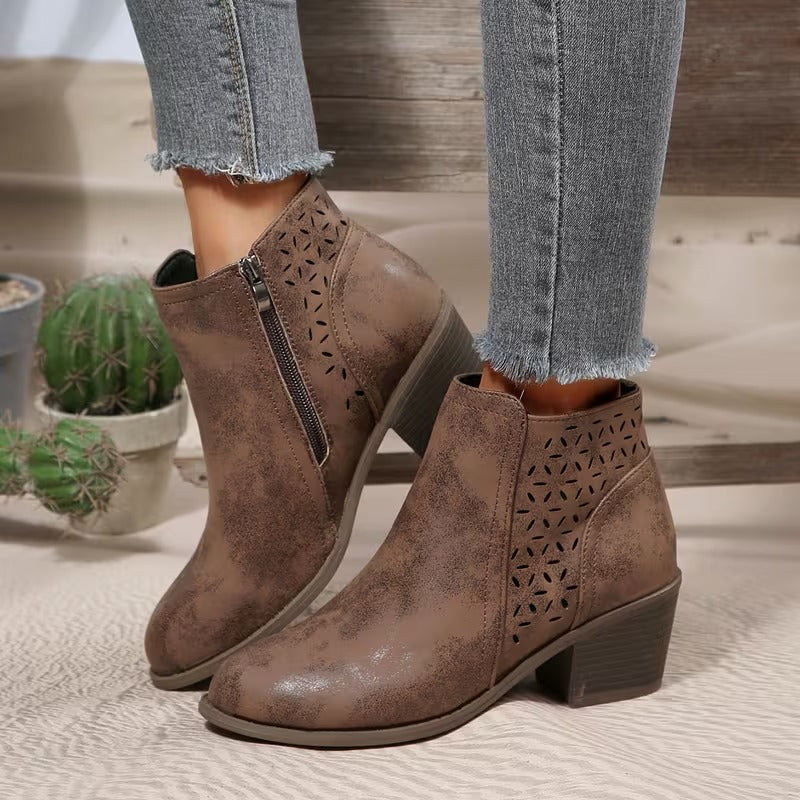 Women's Perforated Ankle Boots with Chunky Heel