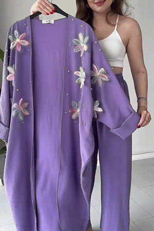 Women's Embroidered Kimono & Wide-Leg Pants Set