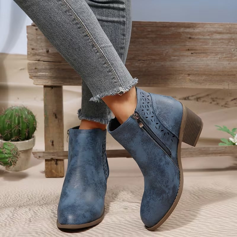 Women's Perforated Ankle Boots with Chunky Heel