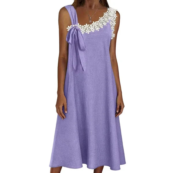 Women’s Floral Lace Trim Bow-Shoulder Dress