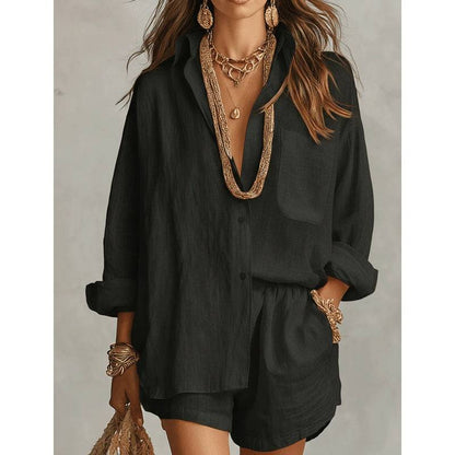 Women's Oversized Button-Up Shirt & Shorts Set