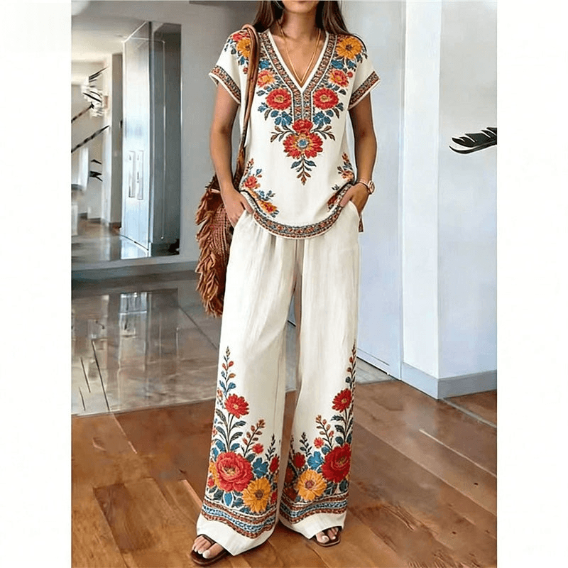 Women's Printed V-Neck Two-Piece Lounge Set
