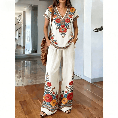 Women's Printed V-Neck Two-Piece Lounge Set
