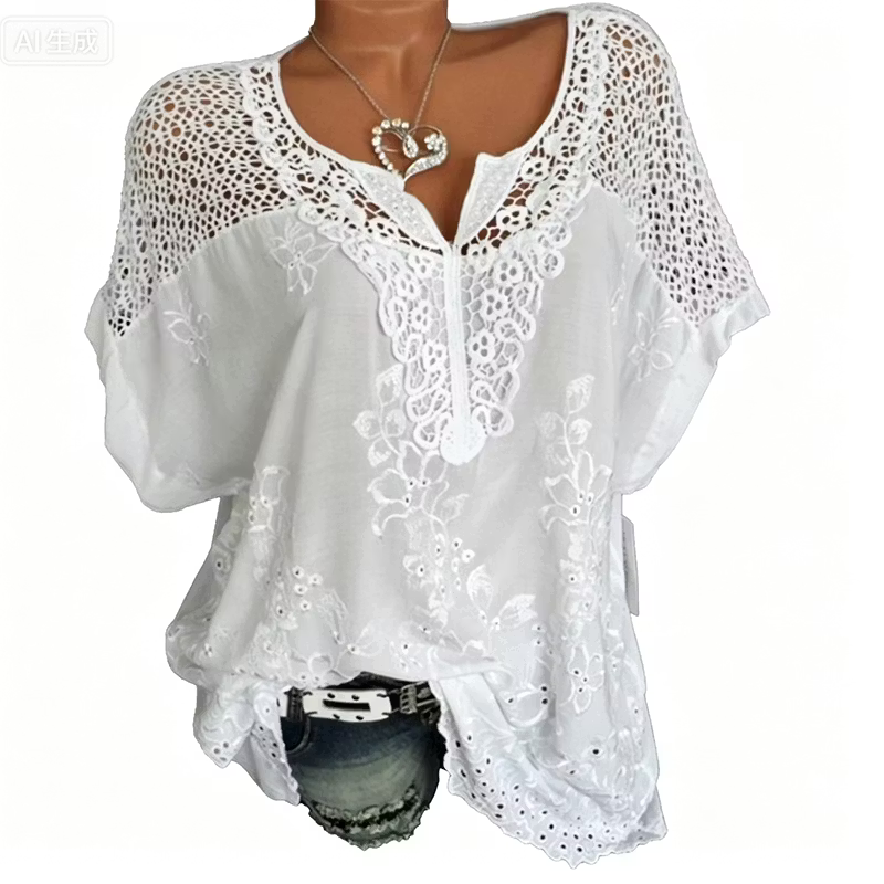 Women's Lace-Detail Embroidered V-Neck Top