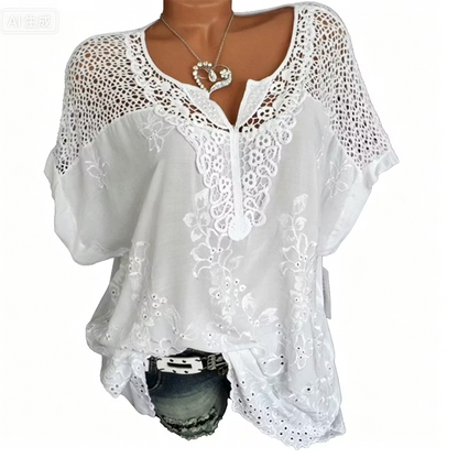 Women's Lace-Detail Embroidered V-Neck Top