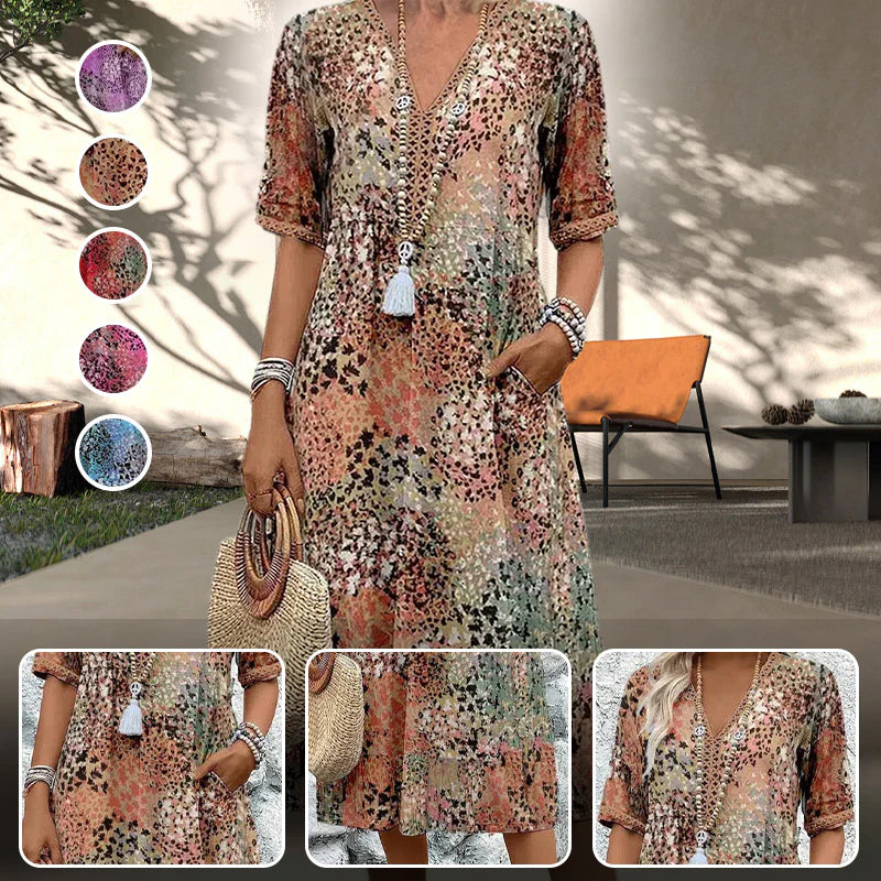 Women's Printed V-Neck Midi Dress