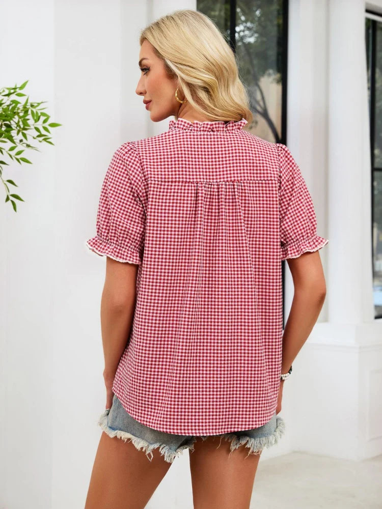 Women's Ruffle Collar Gingham Blouse