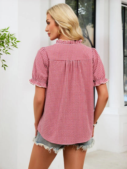Women's Ruffle Collar Gingham Blouse