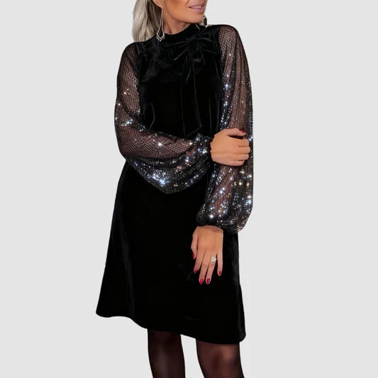 Velvet Sparkle Sleeve Bow Dress