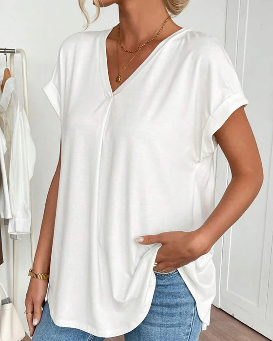 Women’s V-Neck Pleated Back Short-Sleeve Top
