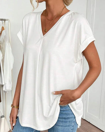 Women’s V-Neck Pleated Back Short-Sleeve Top