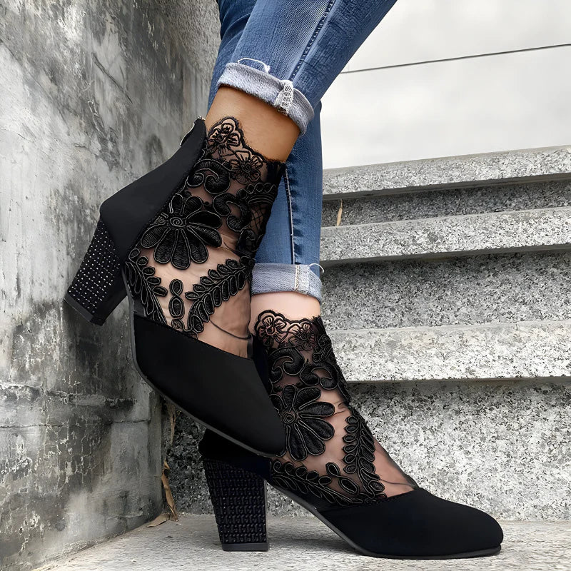 Women's Floral Mesh Block Heel Ankle Boots
