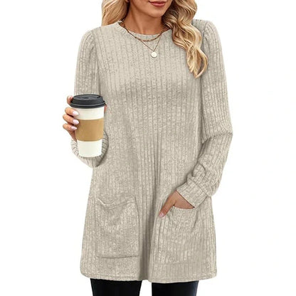 Women's Ribbed Knit Dress with Front Pockets