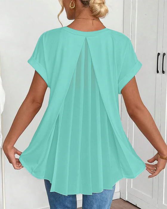 Women’s V-Neck Pleated Back Short-Sleeve Top