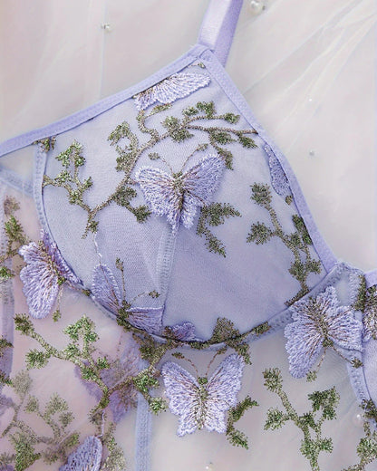 Women's Butterfly Embroidered Mesh Babydoll Lingerie Set