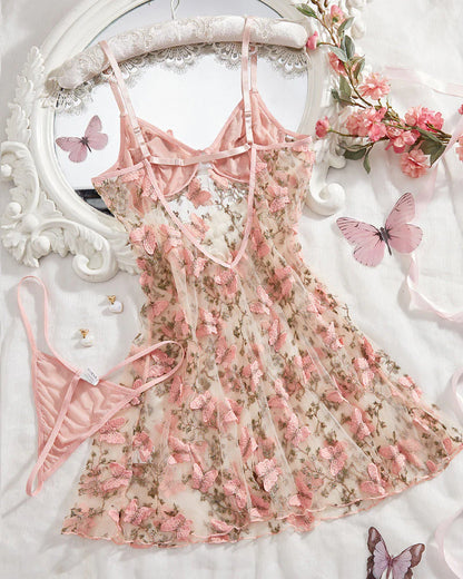 Women's Butterfly Embroidered Mesh Babydoll Lingerie Set