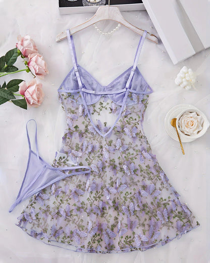 Women's Butterfly Embroidered Mesh Babydoll Lingerie Set