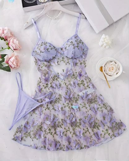 Women's Butterfly Embroidered Mesh Babydoll Lingerie Set