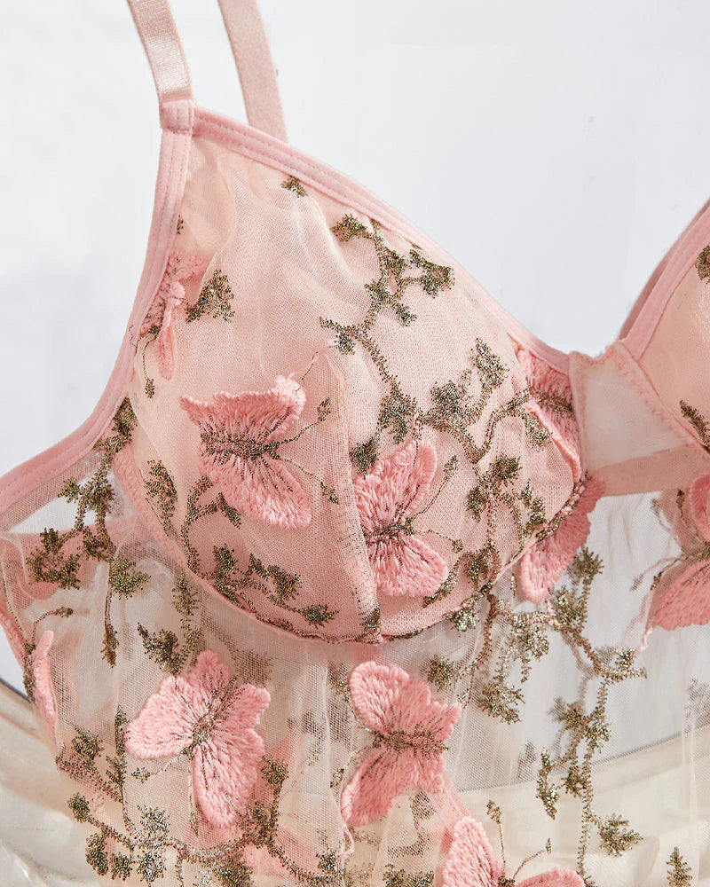 Women's Butterfly Embroidered Mesh Babydoll Lingerie Set
