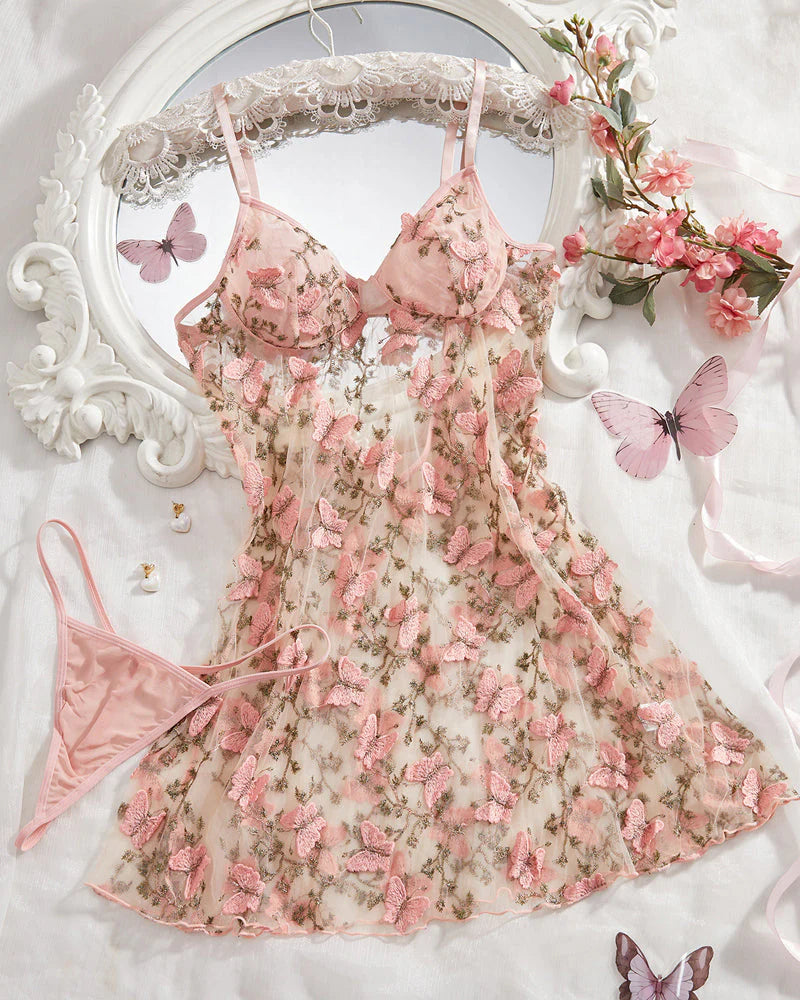 Women's Butterfly Embroidered Mesh Babydoll Lingerie Set