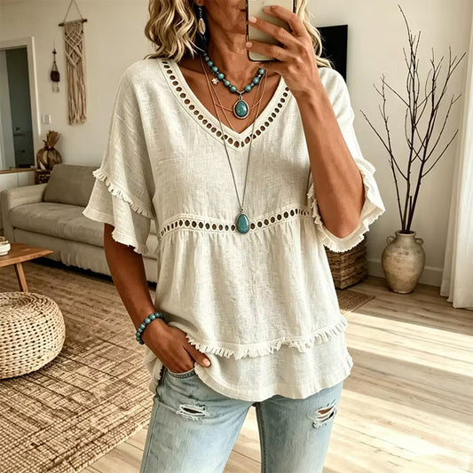 Women's V-Neck Ruffle Sleeve Tunic Blouse