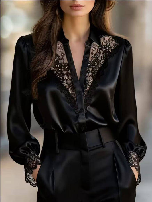 Women's Lace Trim V-Neck Satin Blouse