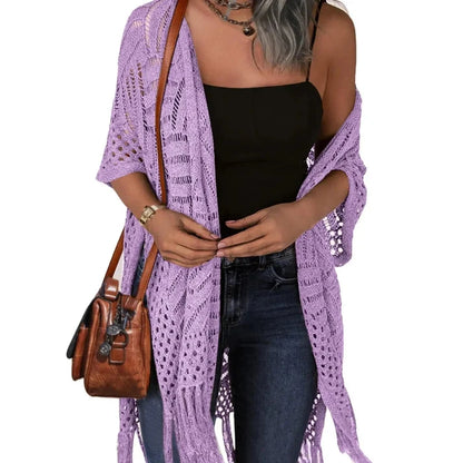 Women's Oversized Crochet Knit Tassel Cardigan