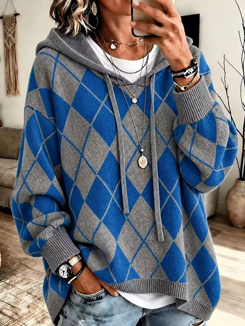 Women's Argyle Hooded Knit Sweater