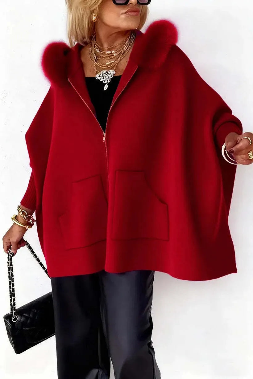 Women's Knit Zip-Up Jacket With Faux Fur Trim