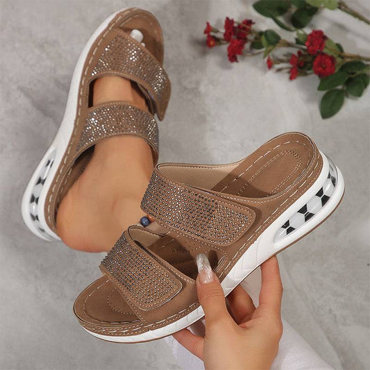Women's Rhinestone Double Strap Wedge Sandals