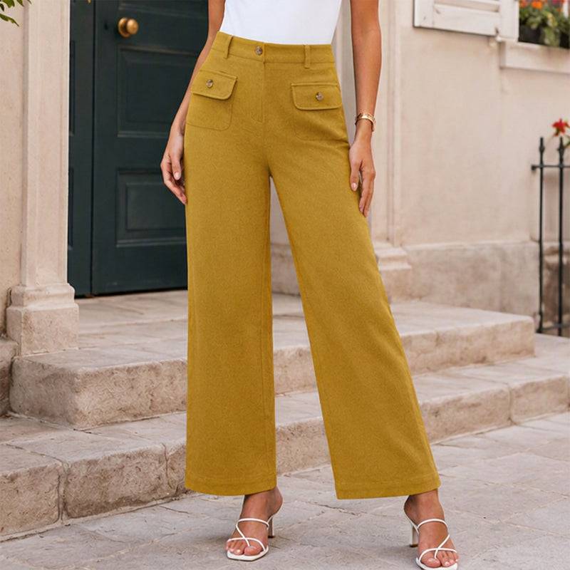 Women's High-Waisted Button Detail Wide-Leg Pants