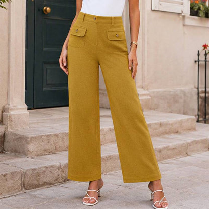 Women's High-Waisted Button Detail Wide-Leg Pants