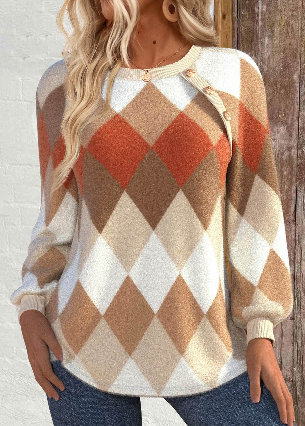 Women's Argyle Print Button Detail Sweater
