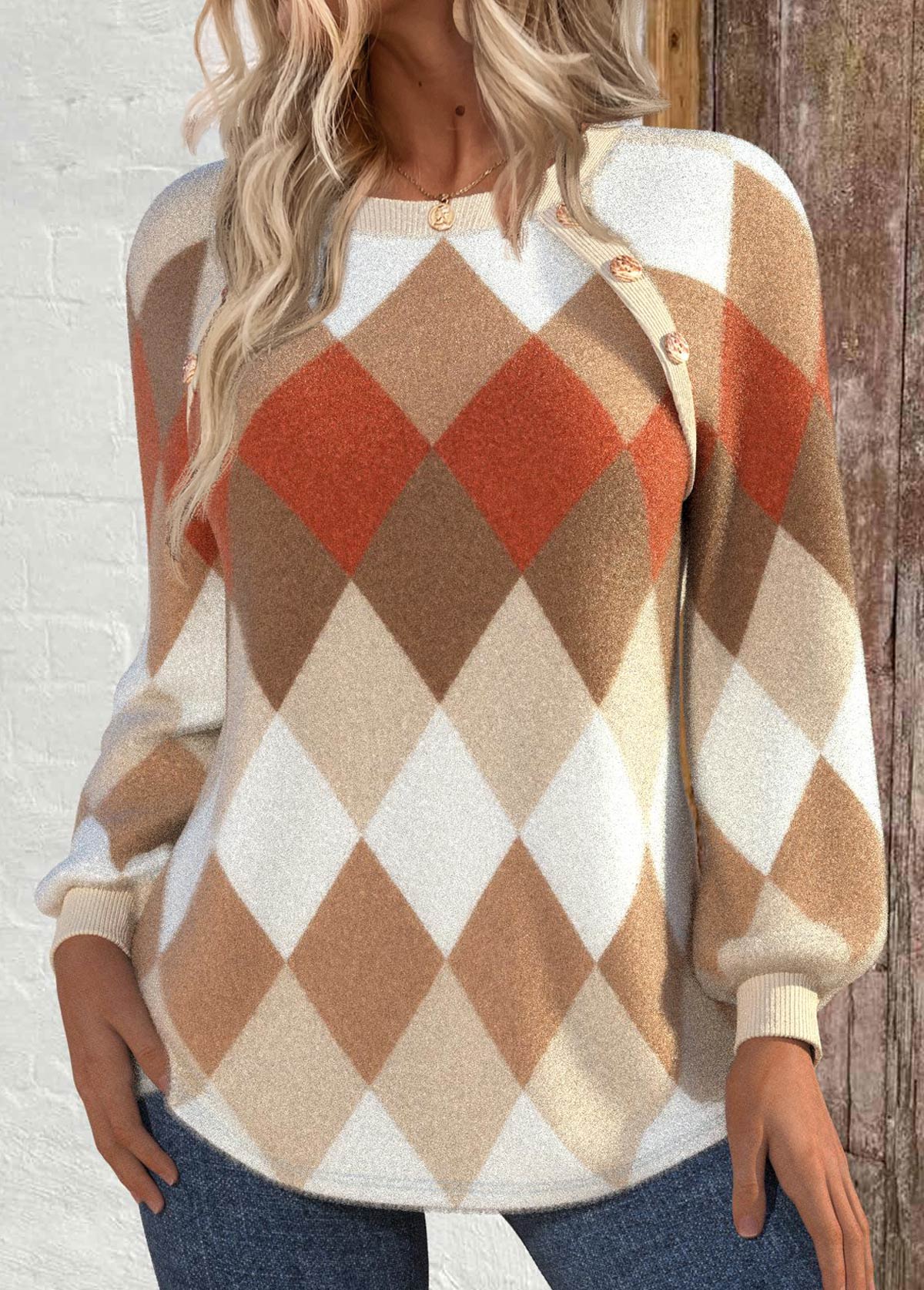 Women's Argyle Print Button Detail Sweater