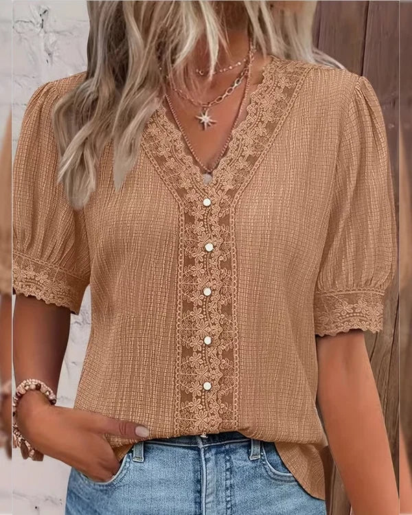 Women’s Lace Patchwork V-Neck Puff-Sleeve Blouse