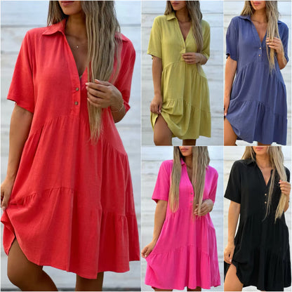 Women's Button-Front Collared Tiered Dress