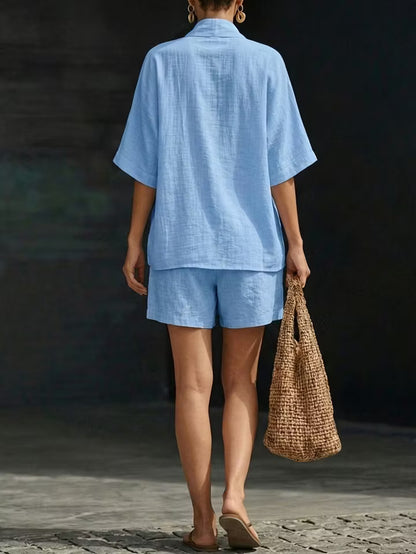 Women's V-Neck Textured Top & Shorts Set