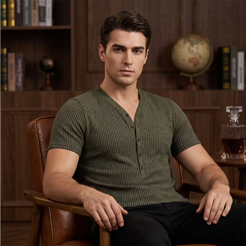 Men's Ribbed Short Sleeve Henley T-Shirt
