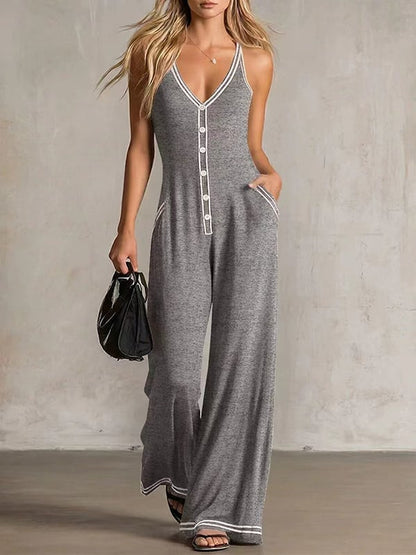 Women's Contrast-Trim Button-Front Jumpsuit