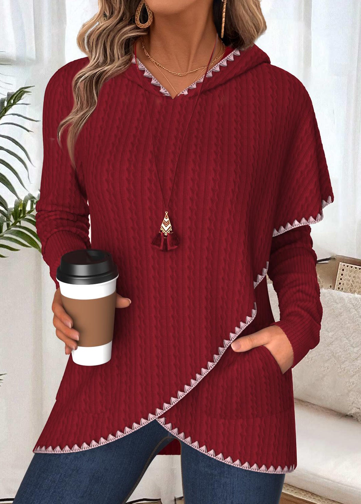 Women's Hooded Tunic Top with Decorative Trim